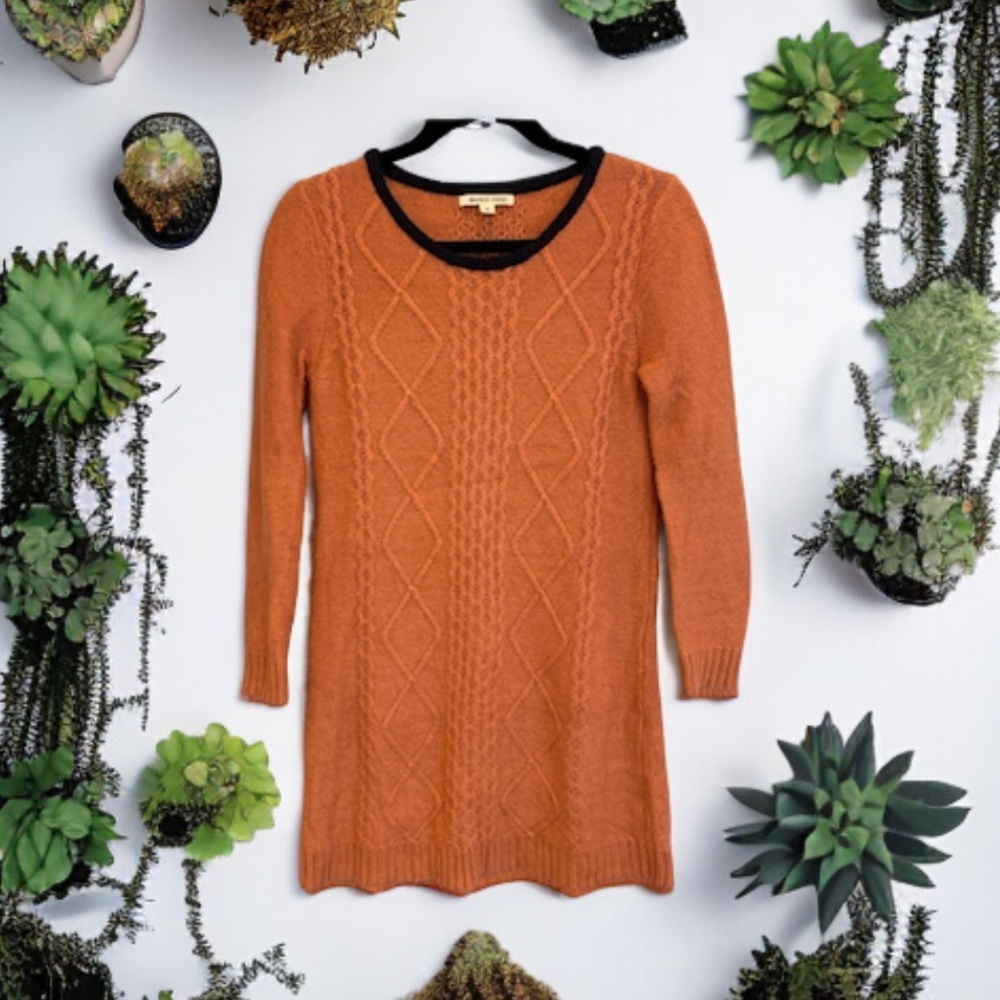 😍 - Season Wind-Burnt Orange Sweater Dress -Navy Blue neckline detail -Sz M … - Picture 3 of 10